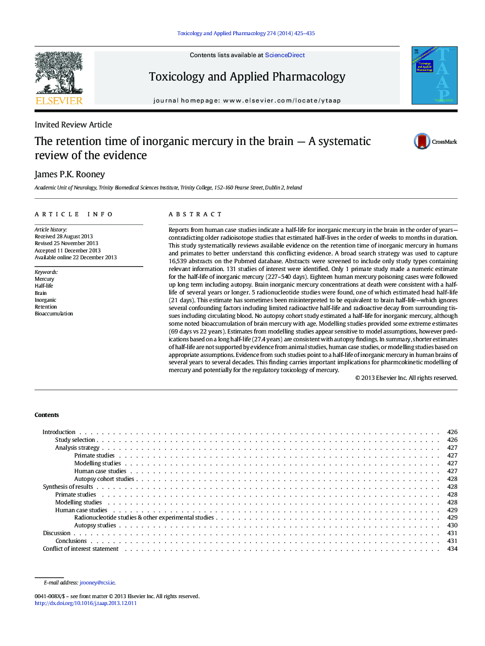 Invited Review ArticleThe retention time of inorganic mercury in the brain - A systematic review of the evidence