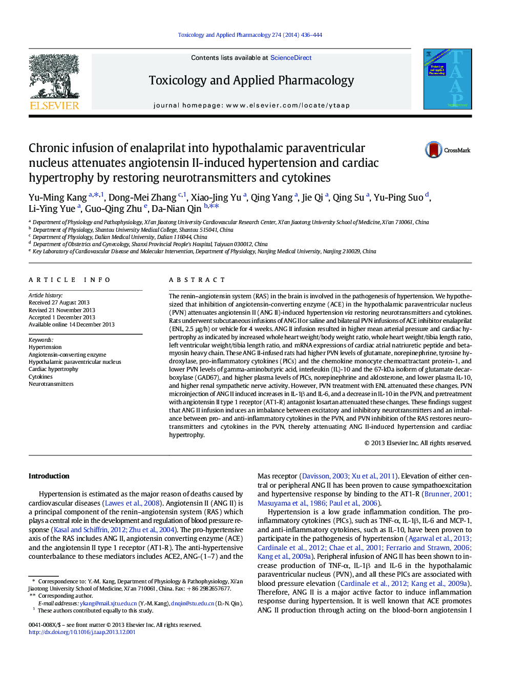 Chronic infusion of enalaprilat into hypothalamic paraventricular nucleus attenuates angiotensin II-induced hypertension and cardiac hypertrophy by restoring neurotransmitters and cytokines