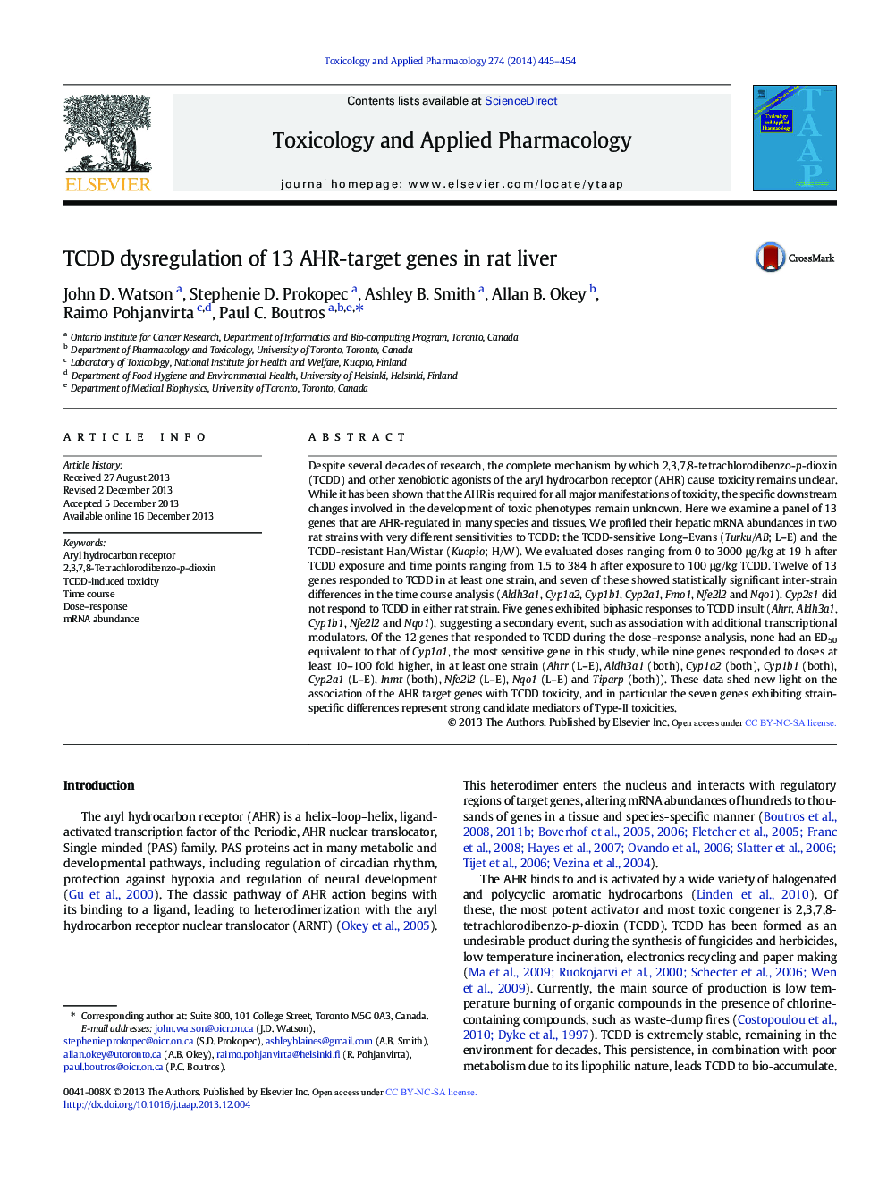 TCDD dysregulation of 13 AHR-target genes in rat liver