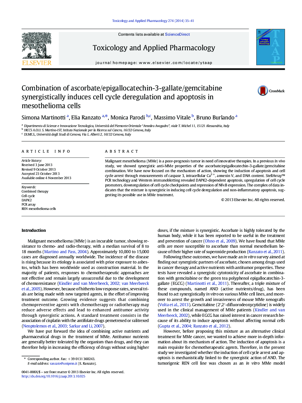 ترکیبی از آسکوربات / اپیکالاکاتچین 3-گالات / گامسیتآبین با همکاری باعث کاهش سلول های سلولی و آپوپتوز در سلول های مزوتلیوما می شود 