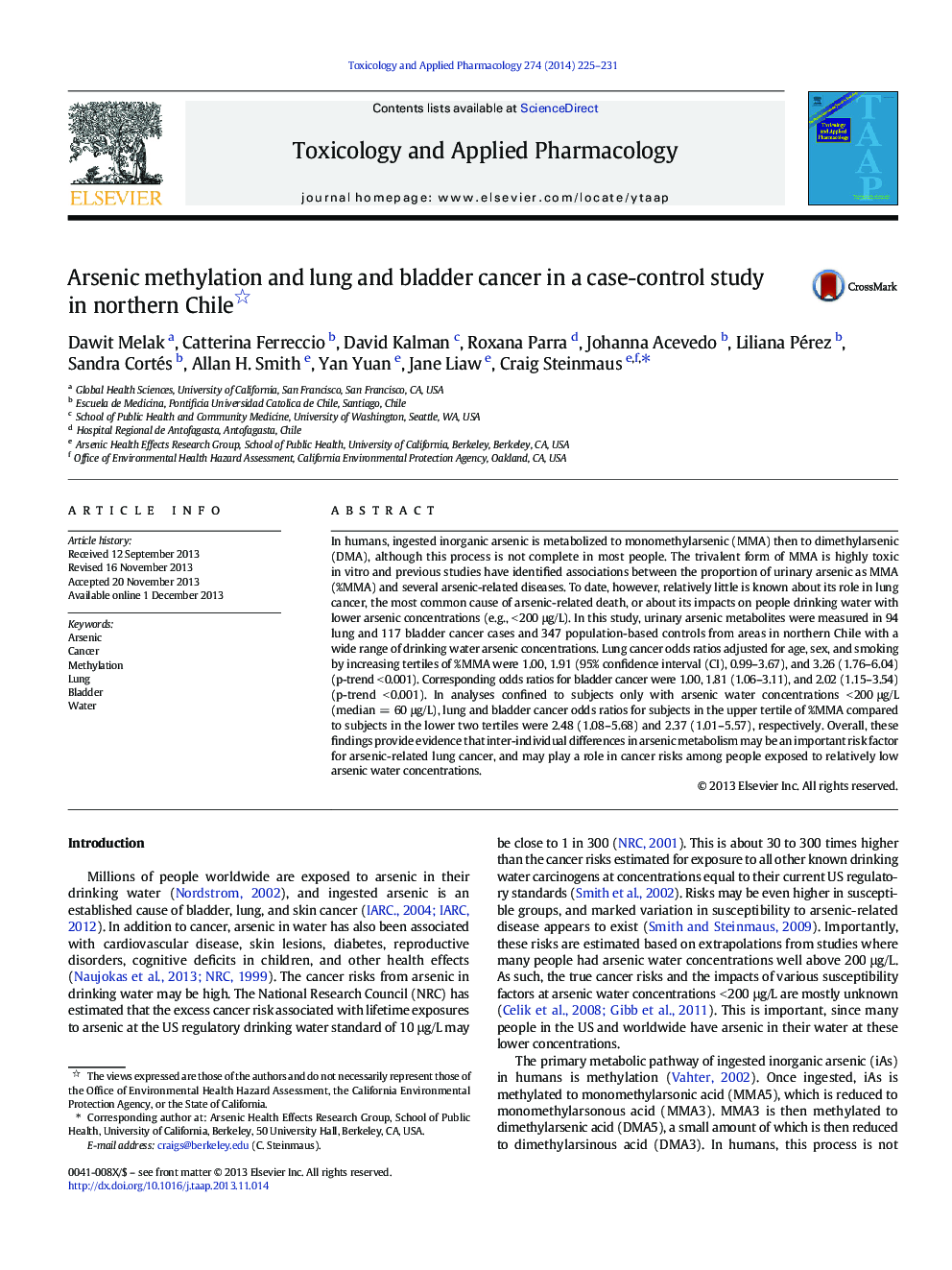 Arsenic methylation and lung and bladder cancer in a case-control study in northern Chile