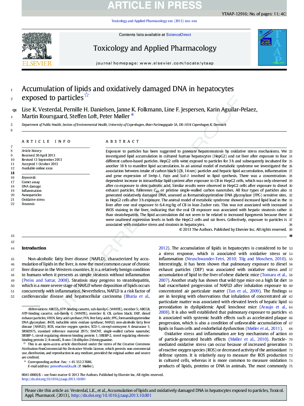 Accumulation of lipids and oxidatively damaged DNA in hepatocytes exposed to particles