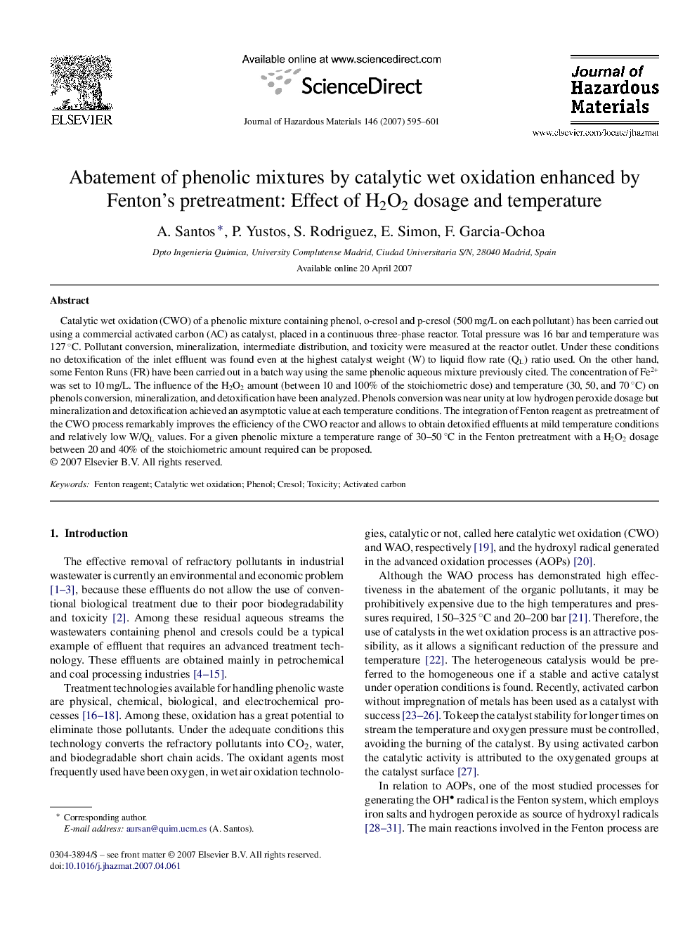 Abatement of phenolic mixtures by catalytic wet oxidation enhanced by Fenton's pretreatment: Effect of H2O2 dosage and temperature