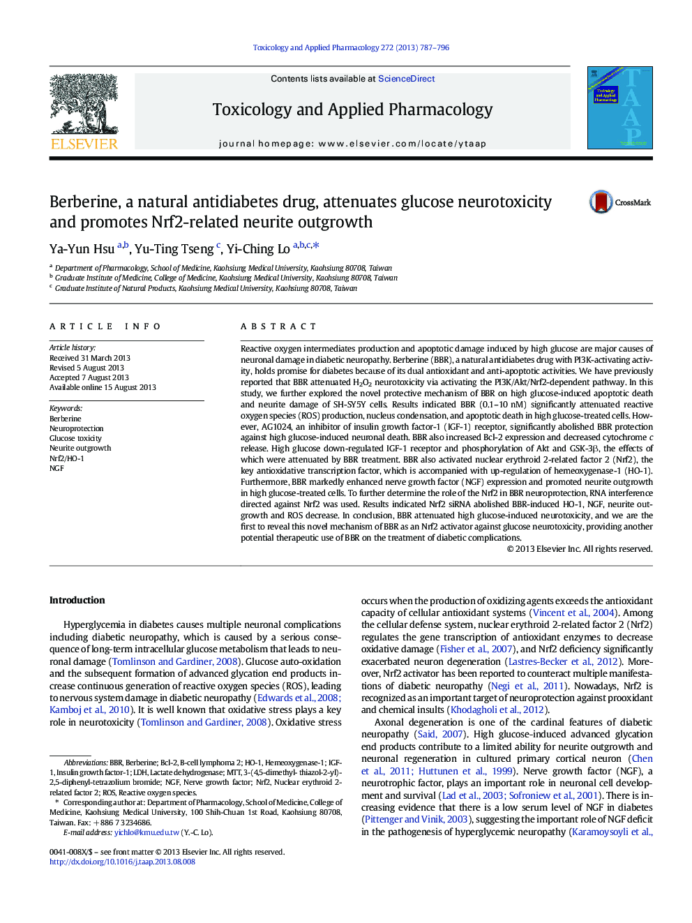 Berberine, a natural antidiabetes drug, attenuates glucose neurotoxicity and promotes Nrf2-related neurite outgrowth