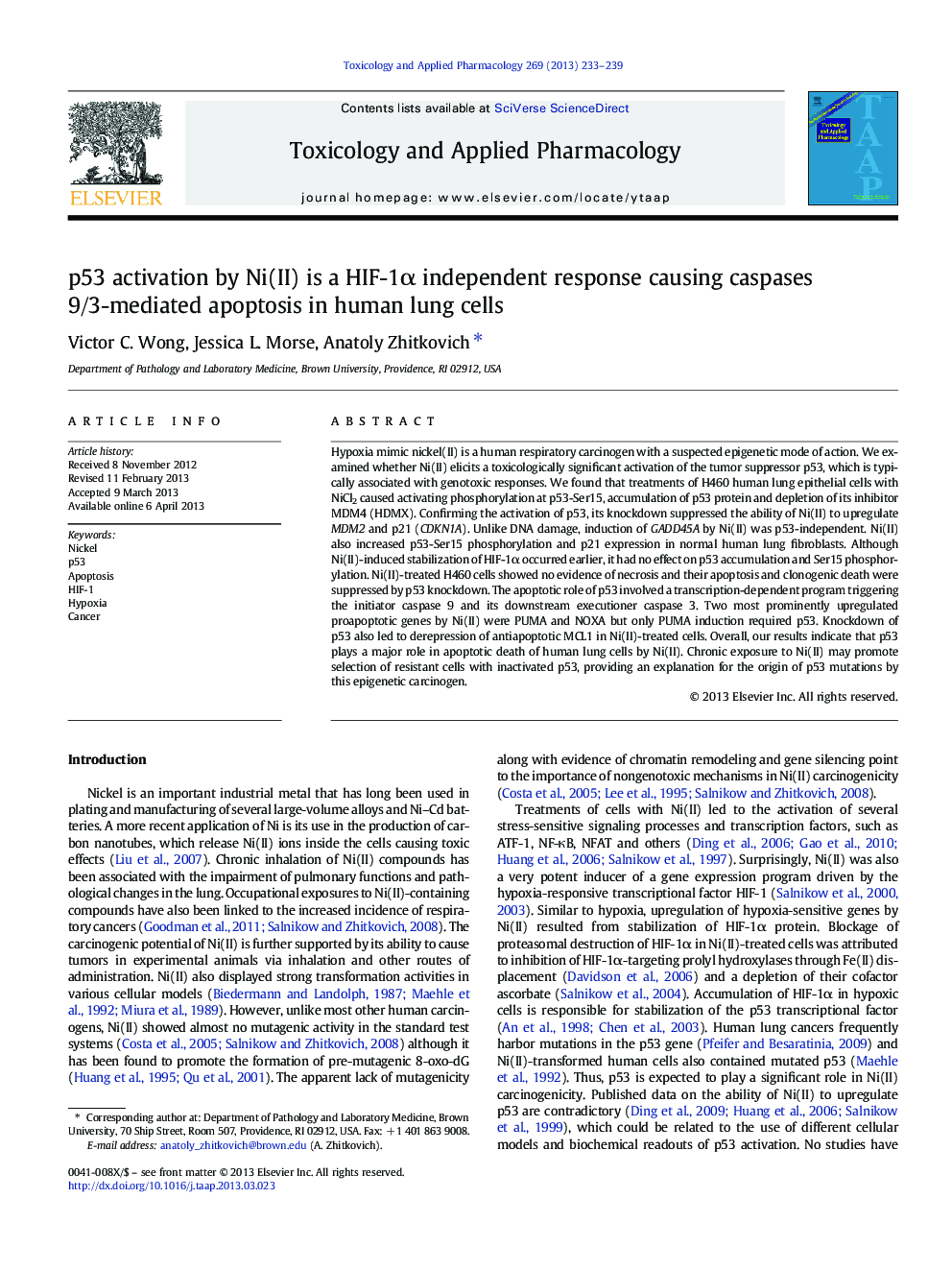 p53 activation by Ni(II) is a HIF-1Î± independent response causing caspases 9/3-mediated apoptosis in human lung cells