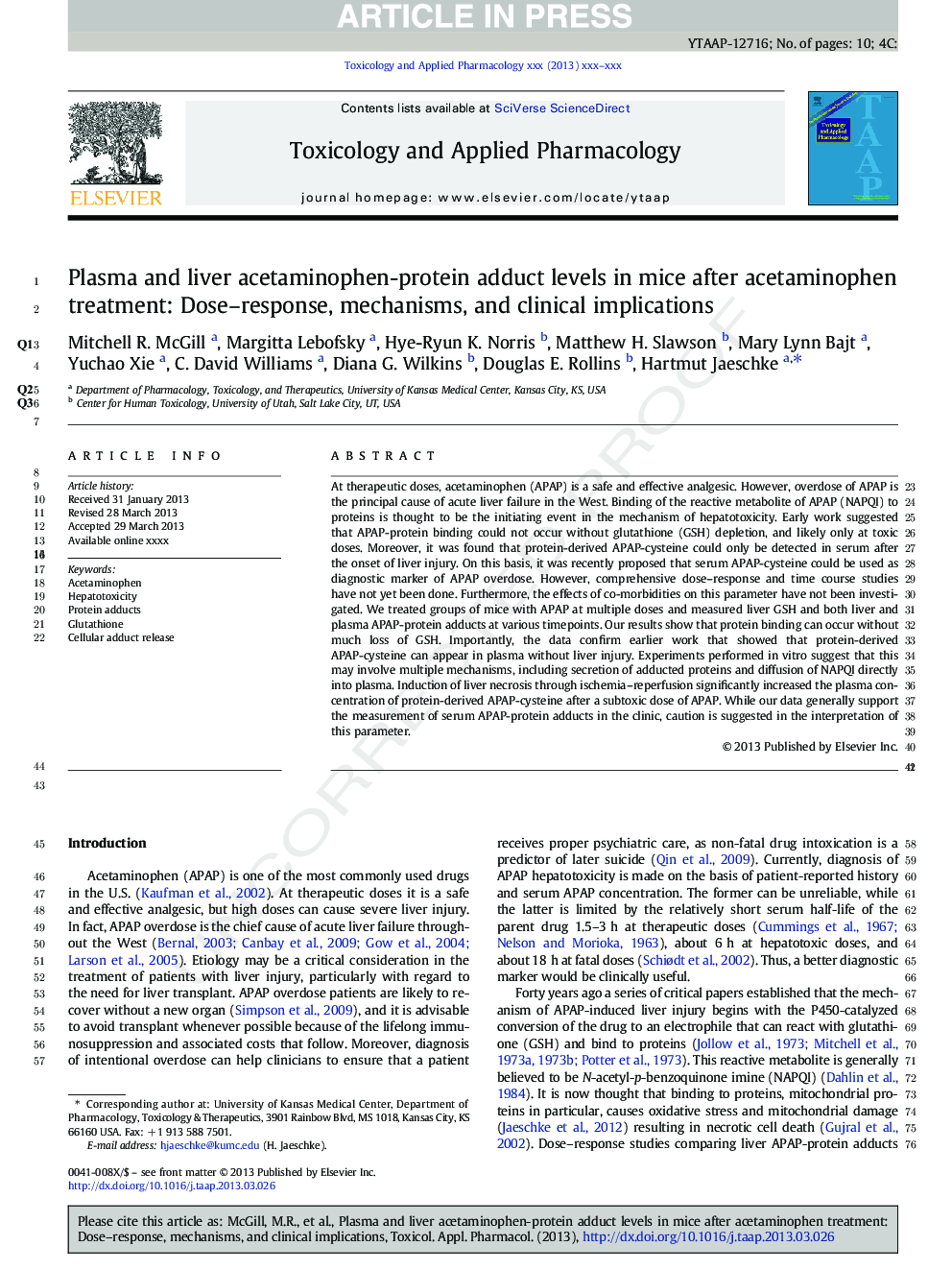 Plasma and liver acetaminophen-protein adduct levels in mice after acetaminophen treatment: Dose-response, mechanisms, and clinical implications