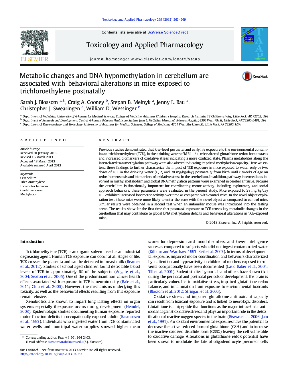 Metabolic changes and DNA hypomethylation in cerebellum are associated with behavioral alterations in mice exposed to trichloroethylene postnatally