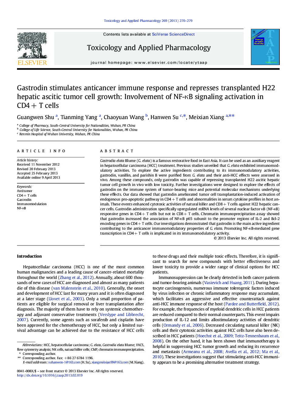 Gastrodin stimulates anticancer immune response and represses transplanted H22 hepatic ascitic tumor cell growth: Involvement of NF-ÎºB signaling activation in CD4Â + T cells