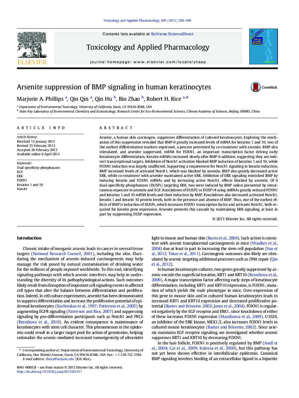 Arsenite suppression of BMP signaling in human keratinocytes