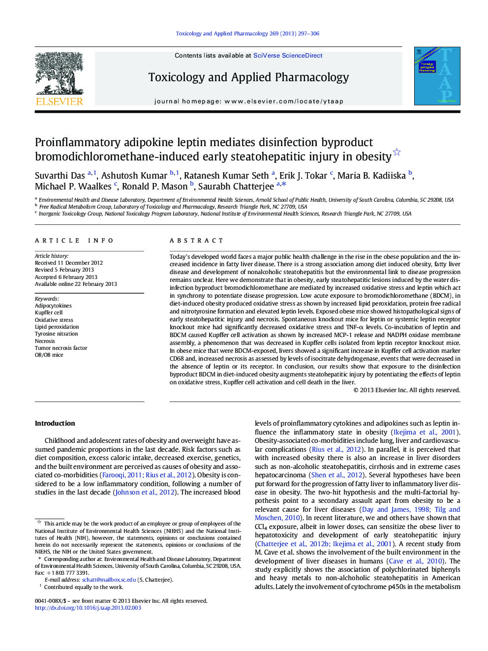 Proinflammatory adipokine leptin mediates disinfection byproduct bromodichloromethane-induced early steatohepatitic injury in obesity