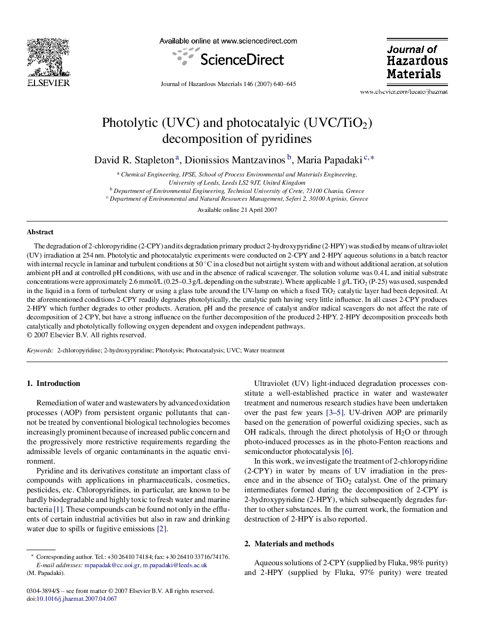 Photolytic (UVC) and photocatalyic (UVC/TiO2) decomposition of pyridines