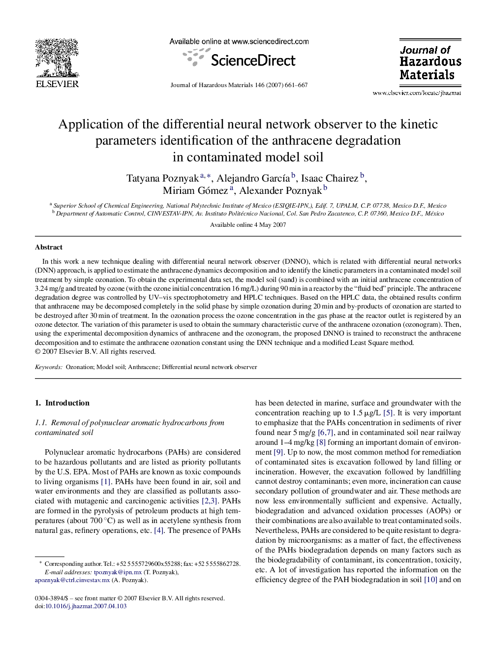 Application of the differential neural network observer to the kinetic parameters identification of the anthracene degradation in contaminated model soil