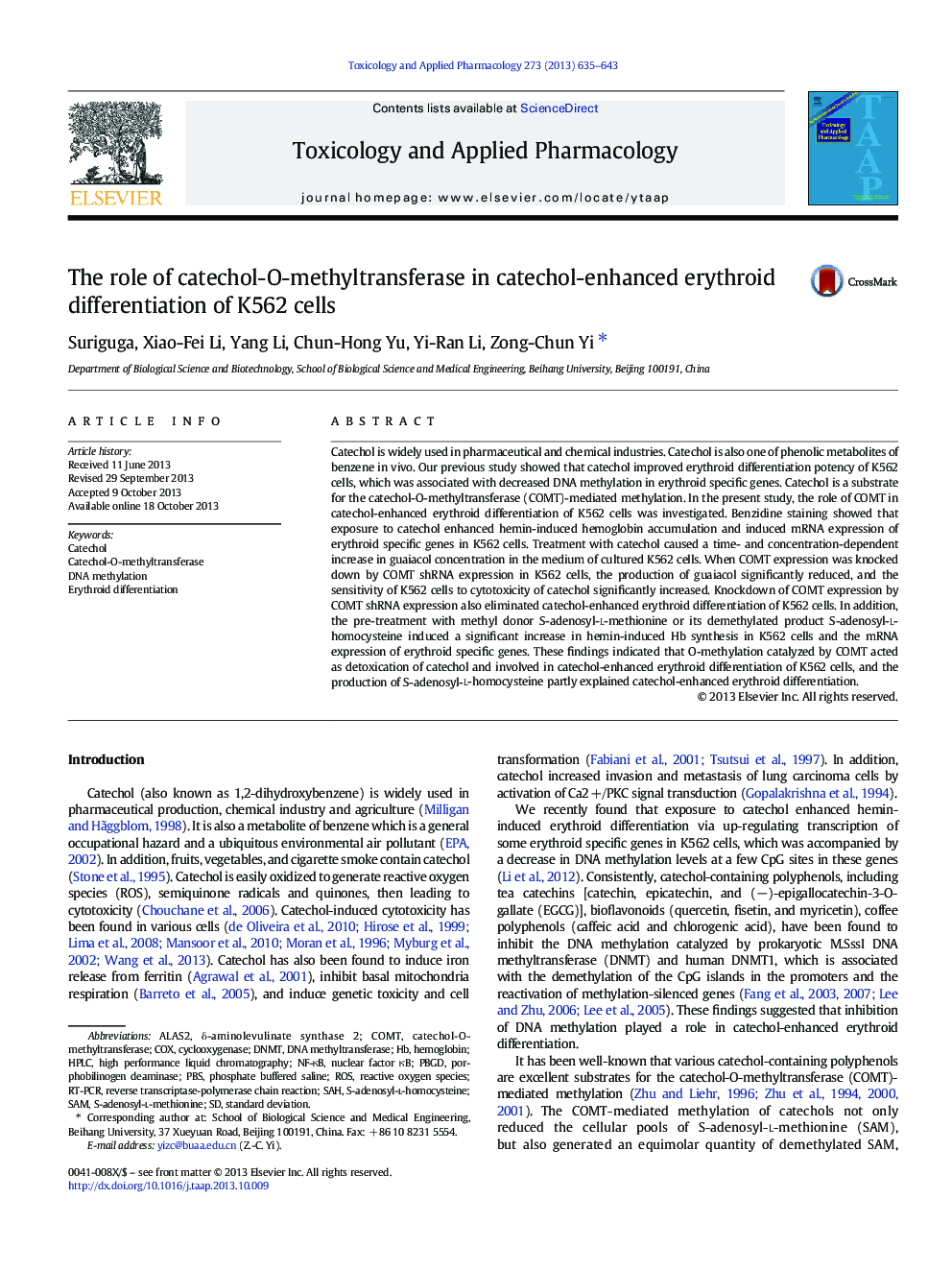 The role of catechol-O-methyltransferase in catechol-enhanced erythroid differentiation of K562 cells