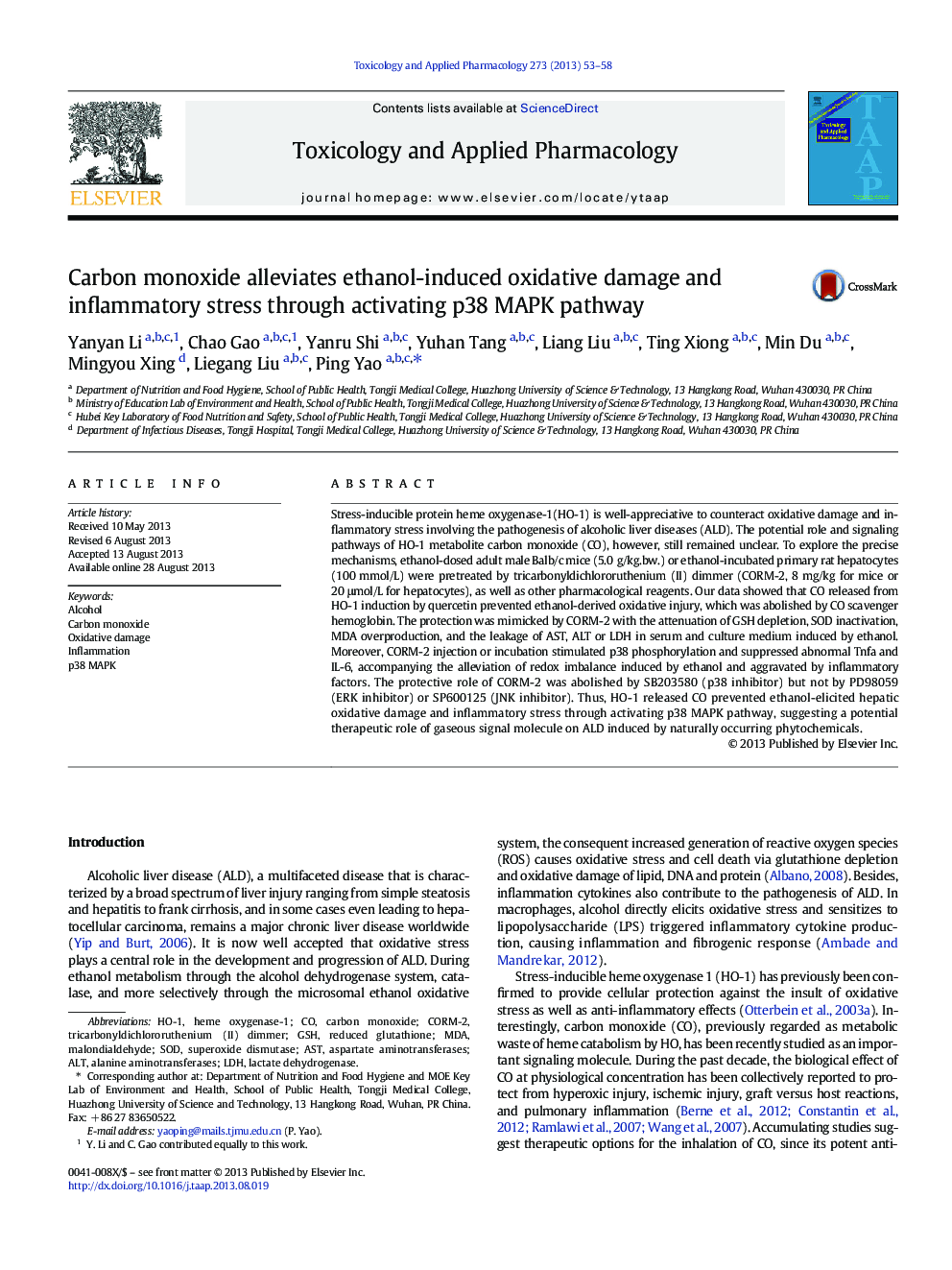 Carbon monoxide alleviates ethanol-induced oxidative damage and inflammatory stress through activating p38 MAPK pathway