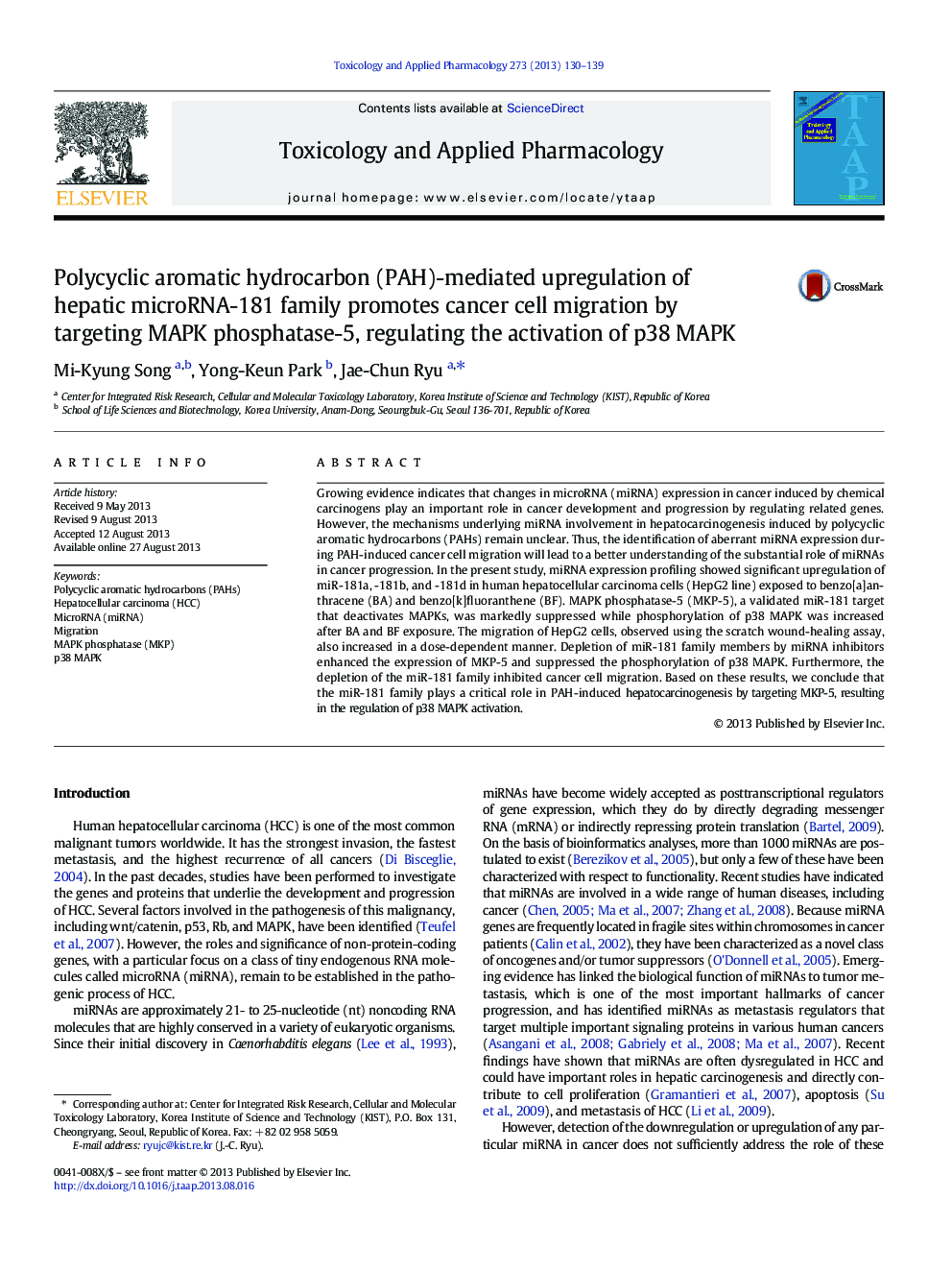 Polycyclic aromatic hydrocarbon (PAH)-mediated upregulation of hepatic microRNA-181 family promotes cancer cell migration by targeting MAPK phosphatase-5, regulating the activation of p38 MAPK