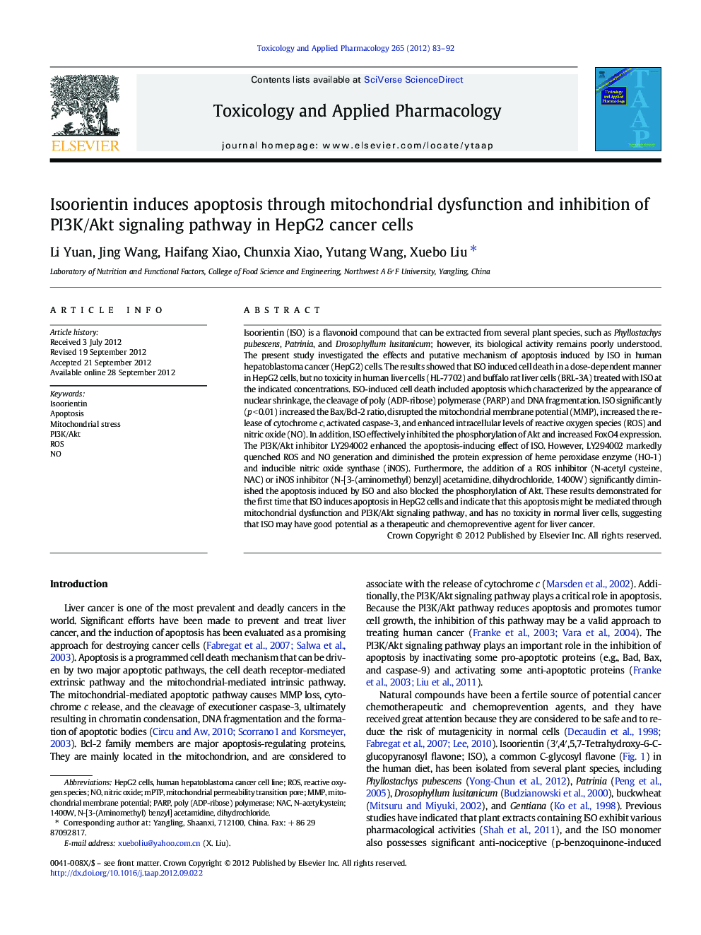 Isoorientin induces apoptosis through mitochondrial dysfunction and inhibition of PI3K/Akt signaling pathway in HepG2 cancer cells