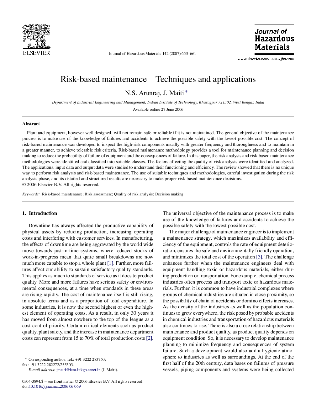 Risk-based maintenance-Techniques and applications