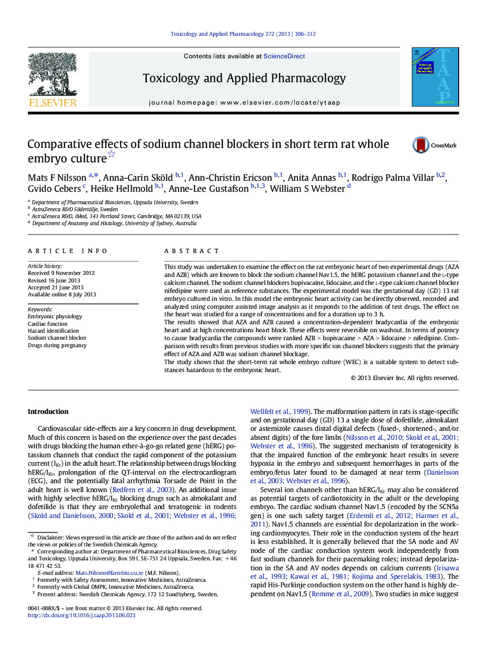 Comparative effects of sodium channel blockers in short term rat whole embryo culture