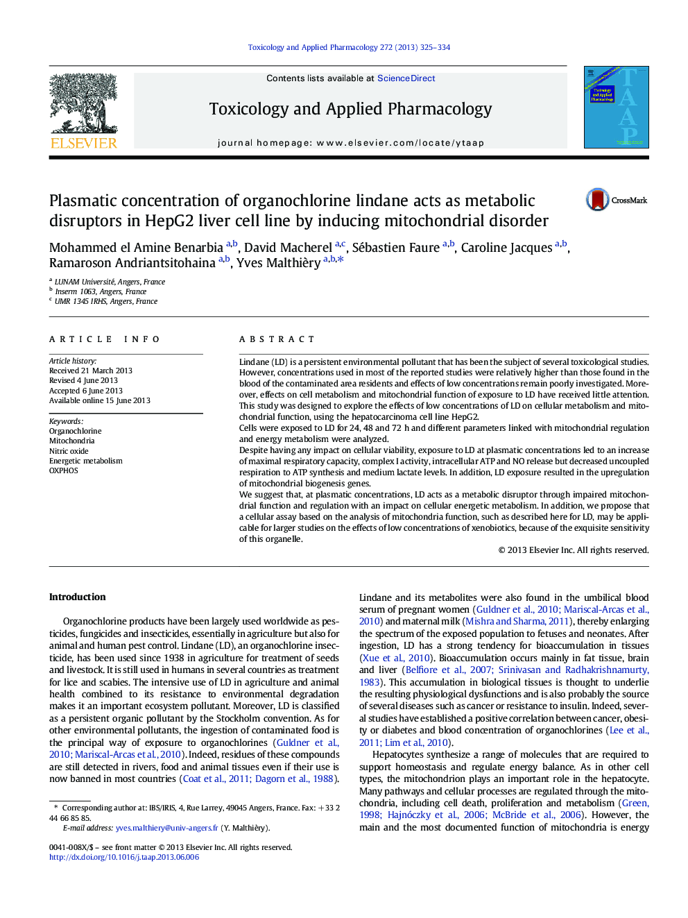 Plasmatic concentration of organochlorine lindane acts as metabolic disruptors in HepG2 liver cell line by inducing mitochondrial disorder