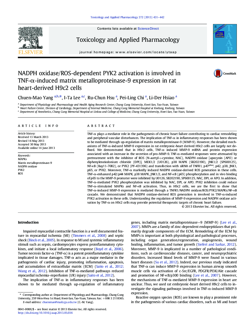 NADPH oxidase/ROS-dependent PYK2 activation is involved in TNF-Î±-induced matrix metalloproteinase-9 expression in rat heart-derived H9c2 cells