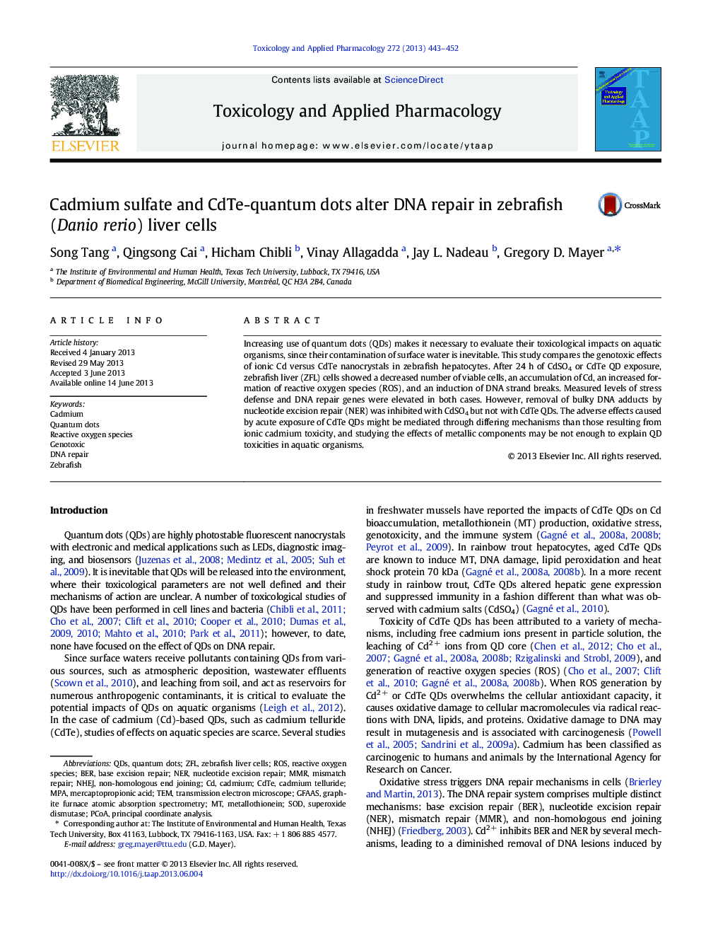 Cadmium sulfate and CdTe-quantum dots alter DNA repair in zebrafish (Danio rerio) liver cells