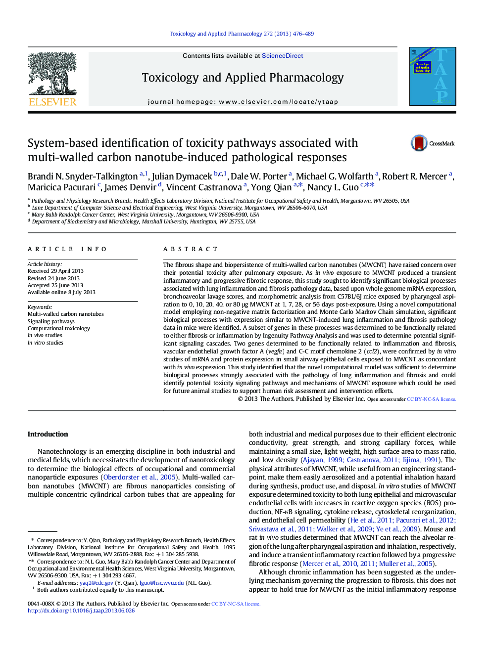 System-based identification of toxicity pathways associated with multi-walled carbon nanotube-induced pathological responses