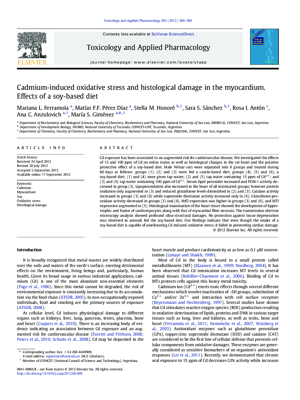 Cadmium-induced oxidative stress and histological damage in the myocardium. Effects of a soy-based diet