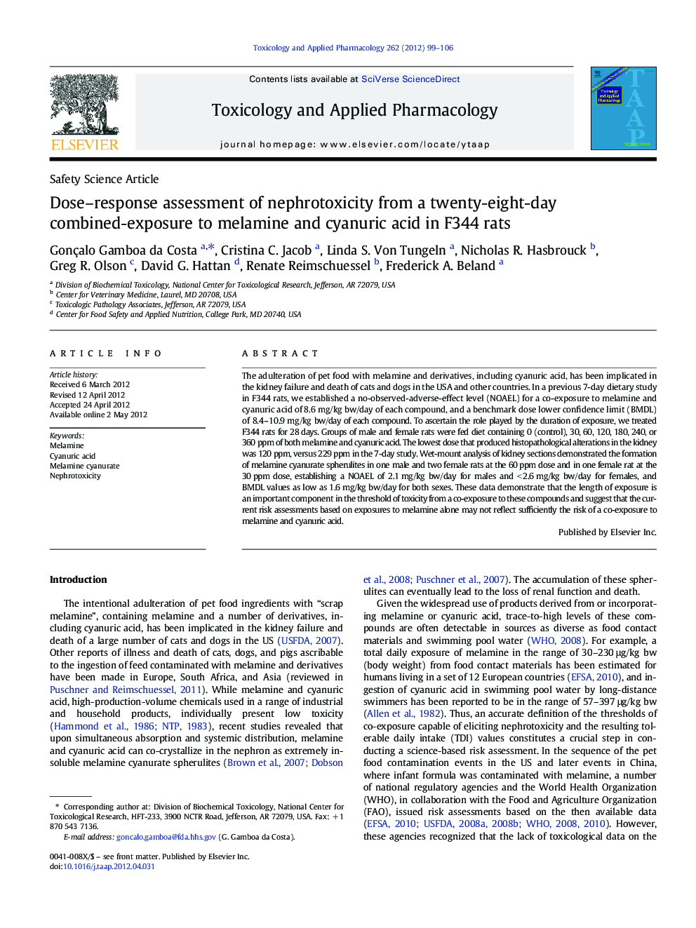 Safety Science ArticleDose-response assessment of nephrotoxicity from a twenty-eight-day combined-exposure to melamine and cyanuric acid in F344 rats