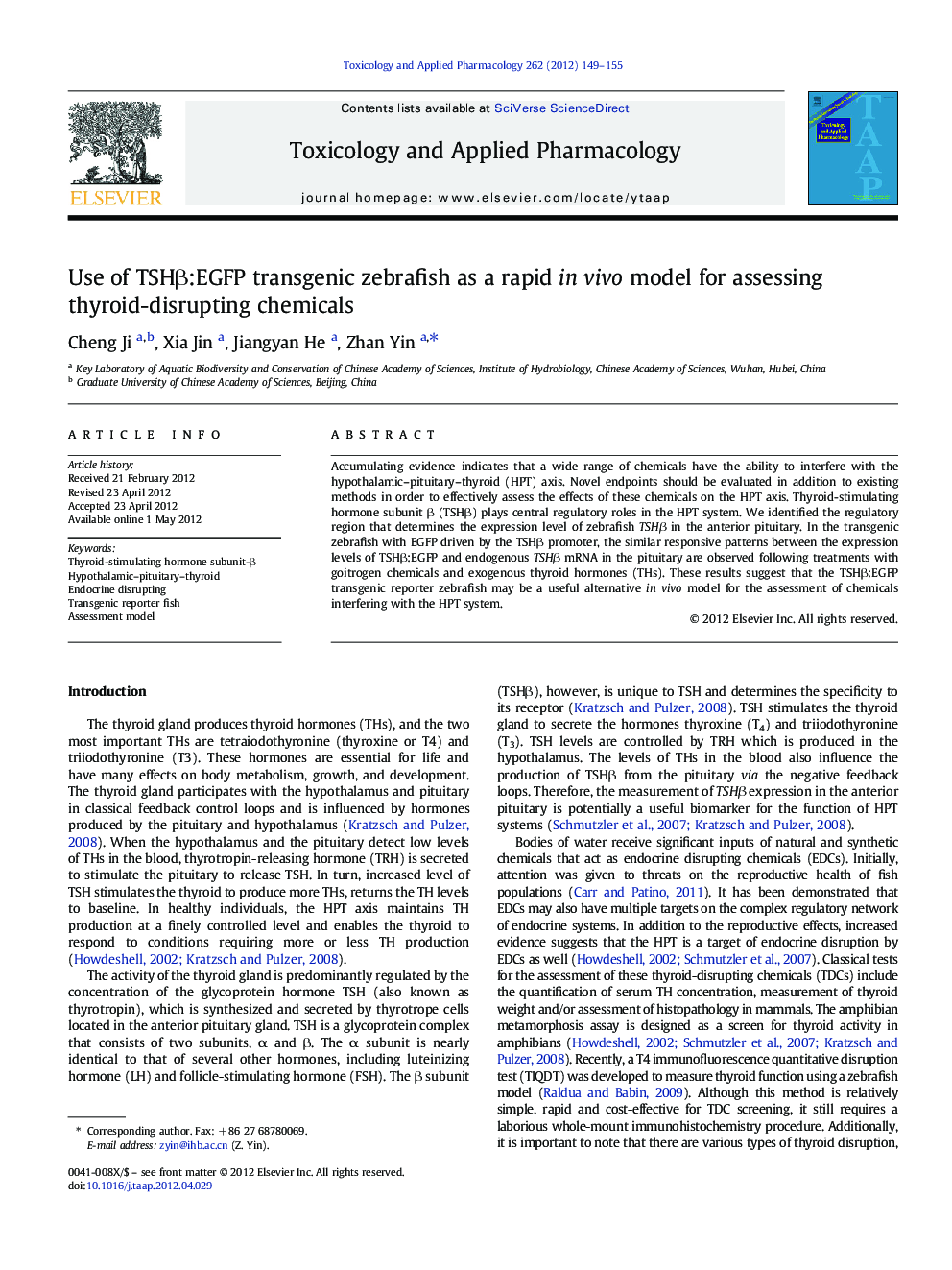 Use of TSHÎ²:EGFP transgenic zebrafish as a rapid in vivo model for assessing thyroid-disrupting chemicals