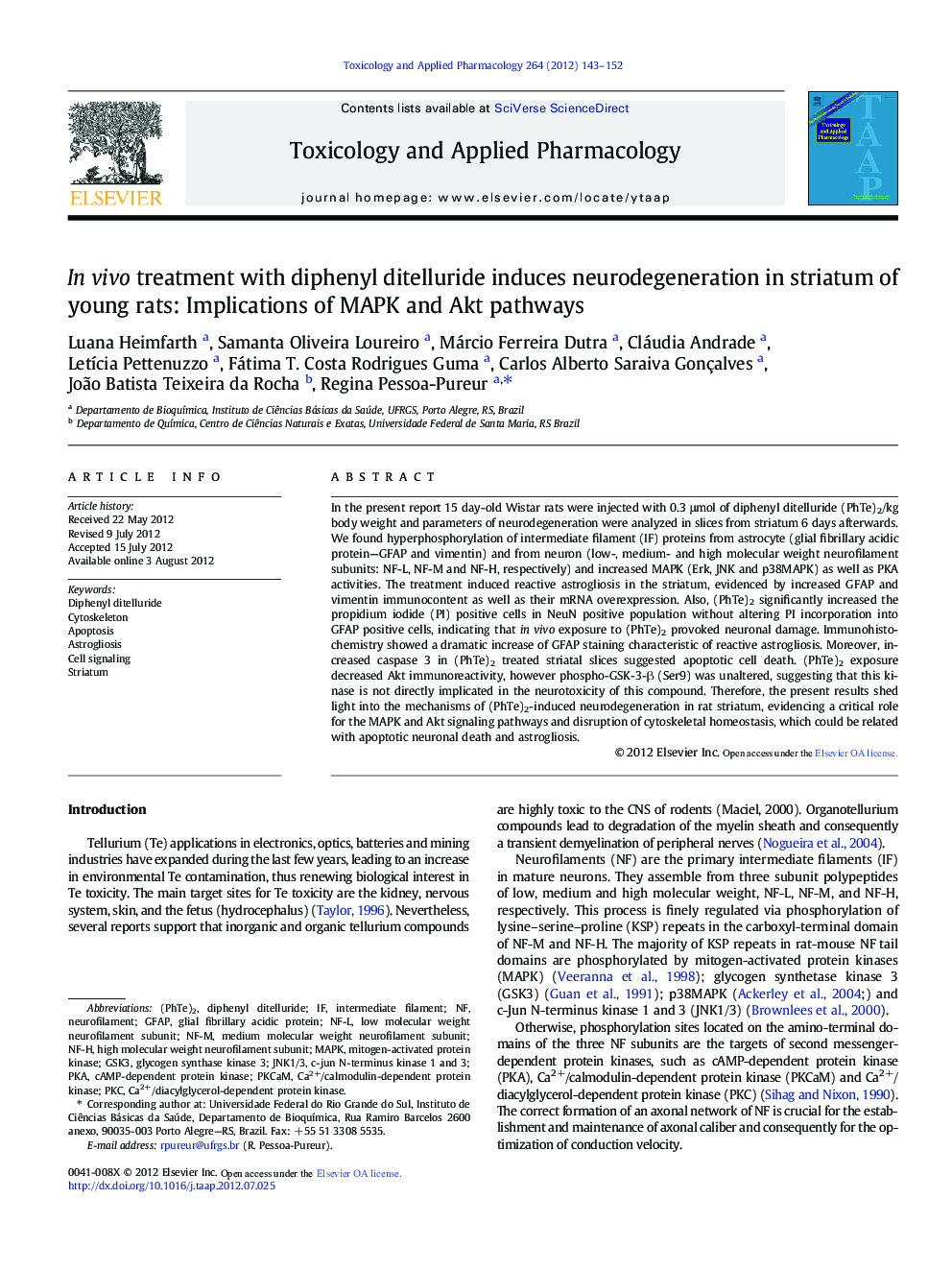 In vivo treatment with diphenyl ditelluride induces neurodegeneration in striatum of young rats: Implications of MAPK and Akt pathways