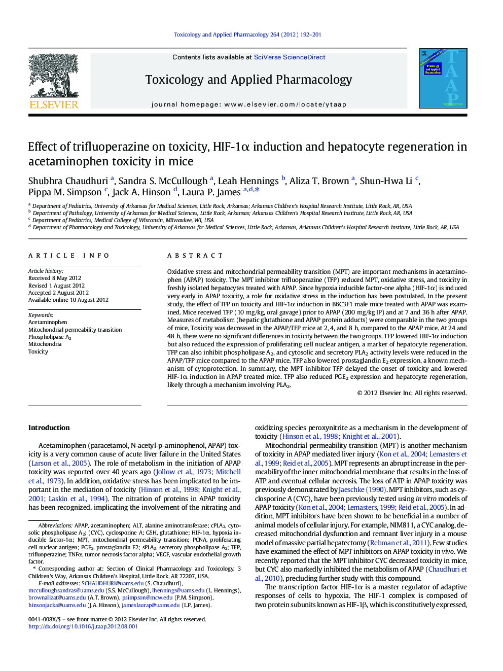 Effect of trifluoperazine on toxicity, HIF-1Î± induction and hepatocyte regeneration in acetaminophen toxicity in mice