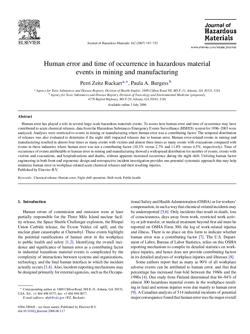 Human error and time of occurrence in hazardous material events in mining and manufacturing