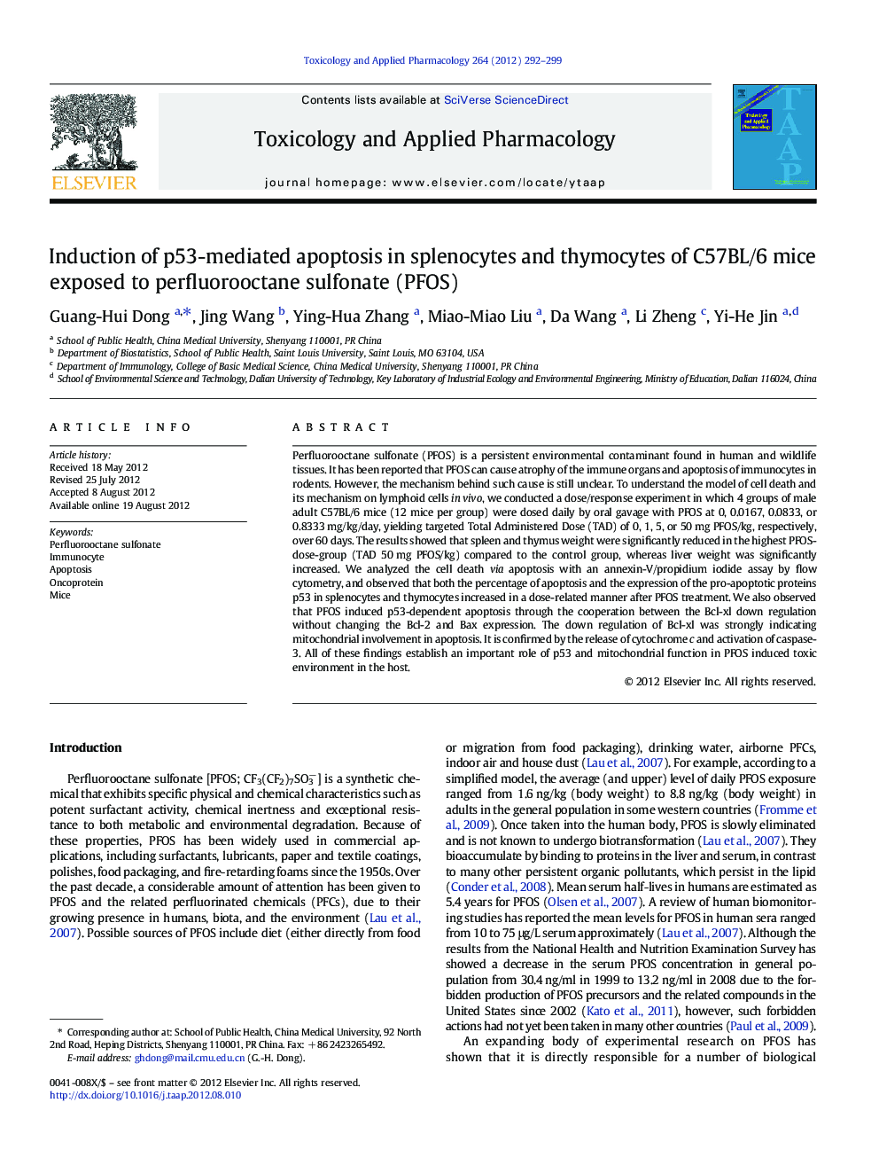 Induction of p53-mediated apoptosis in splenocytes and thymocytes of C57BL/6 mice exposed to perfluorooctane sulfonate (PFOS)