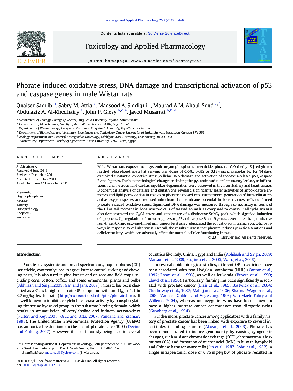 Phorate-induced oxidative stress, DNA damage and transcriptional activation of p53 and caspase genes in male Wistar rats