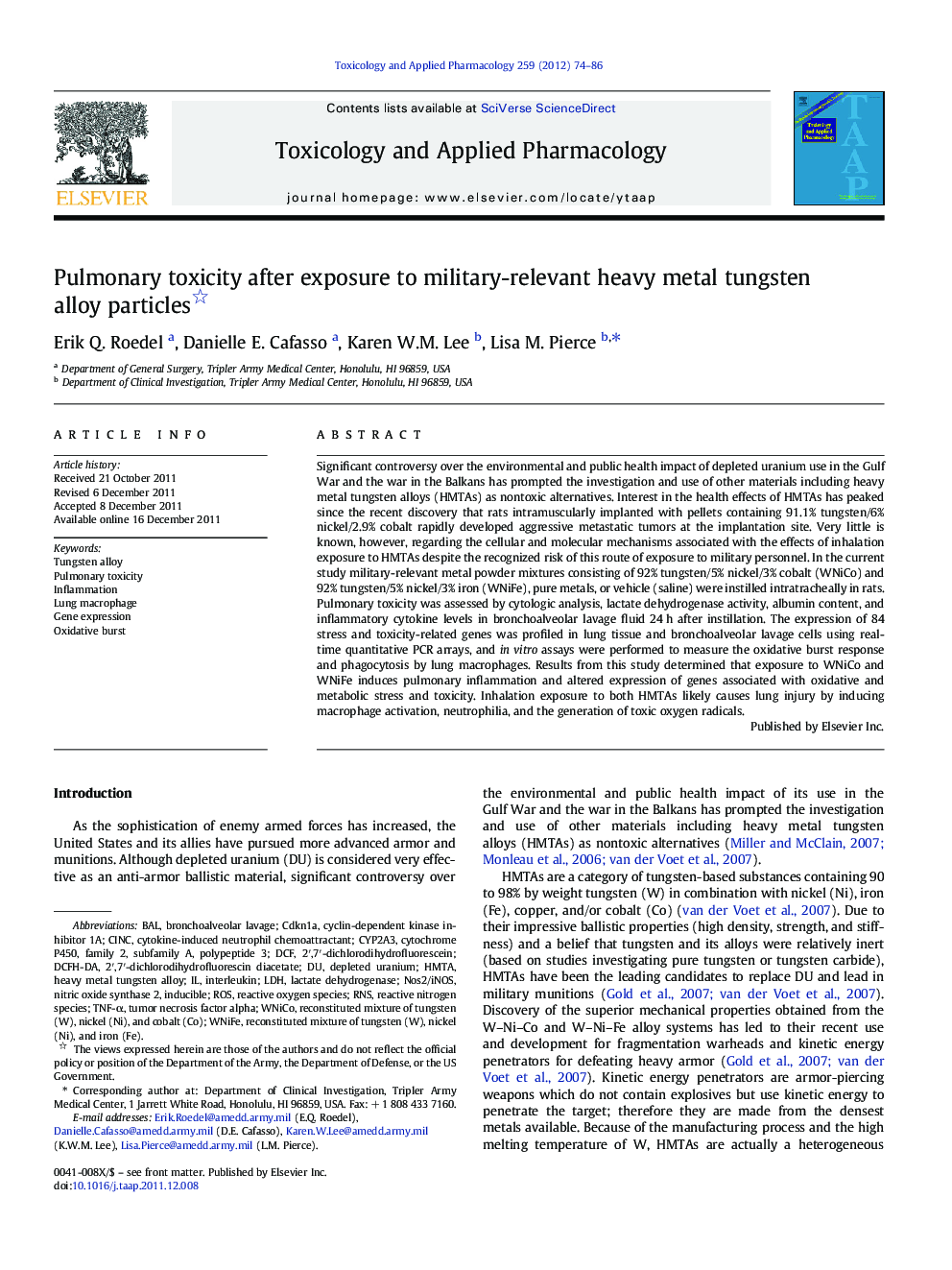 Pulmonary toxicity after exposure to military-relevant heavy metal tungsten alloy particles