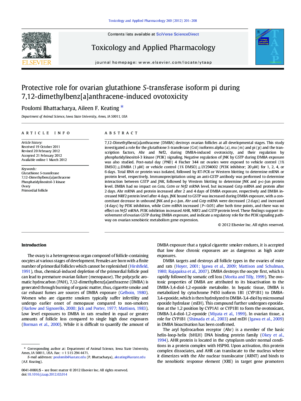 Protective role for ovarian glutathione S-transferase isoform pi during 7,12-dimethylbenz[a]anthracene-induced ovotoxicity