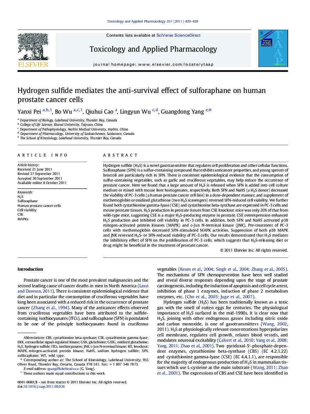 Hydrogen sulfide mediates the anti-survival effect of sulforaphane on human prostate cancer cells