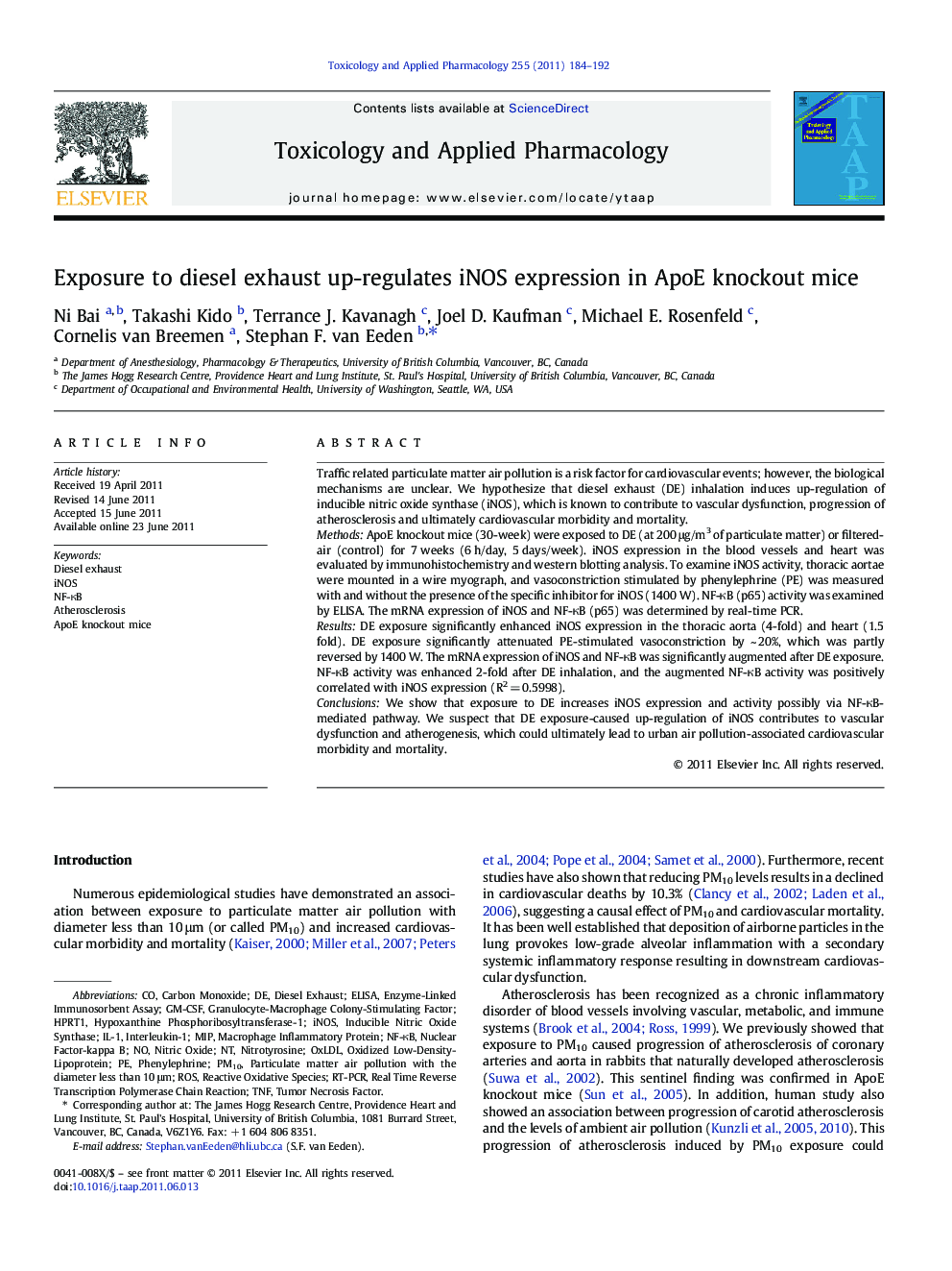 Exposure to diesel exhaust up-regulates iNOS expression in ApoE knockout mice