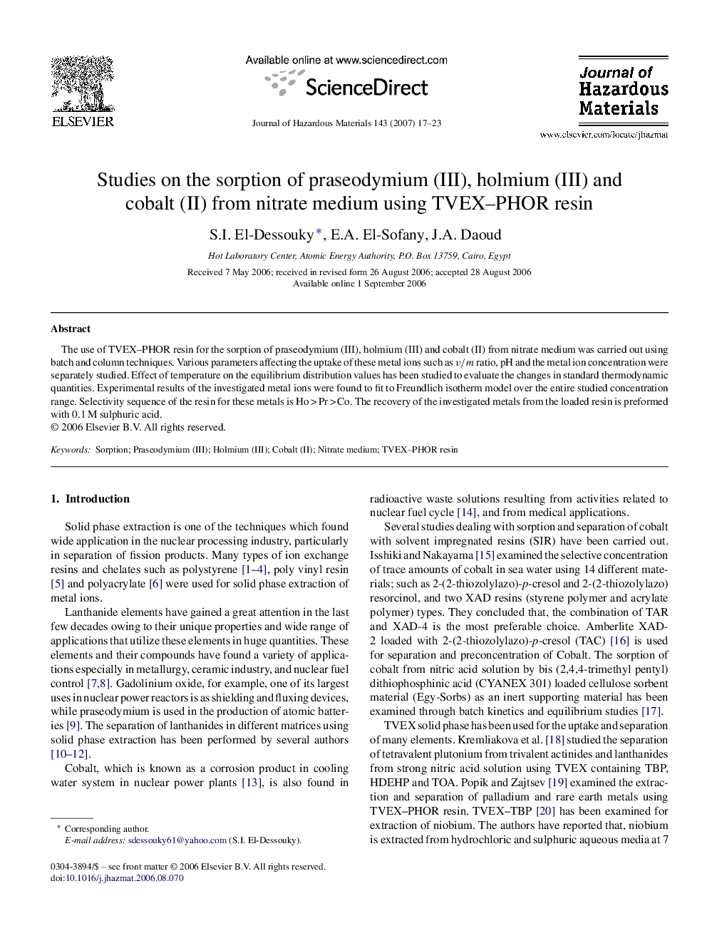 Studies on the sorption of praseodymium (III), holmium (III) and cobalt (II) from nitrate medium using TVEX-PHOR resin