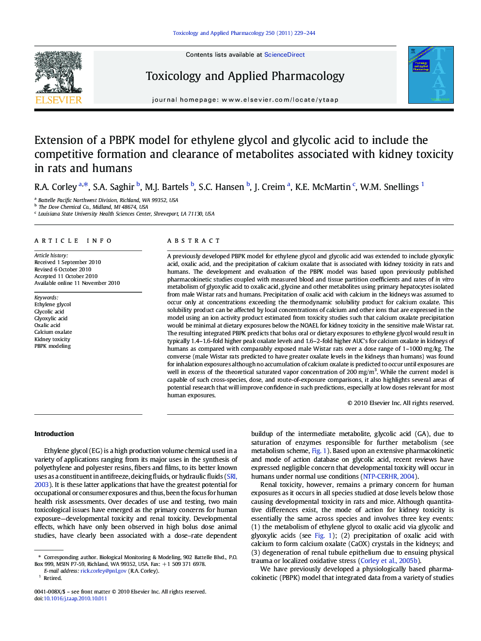 Extension of a PBPK model for ethylene glycol and glycolic acid to include the competitive formation and clearance of metabolites associated with kidney toxicity in rats and humans