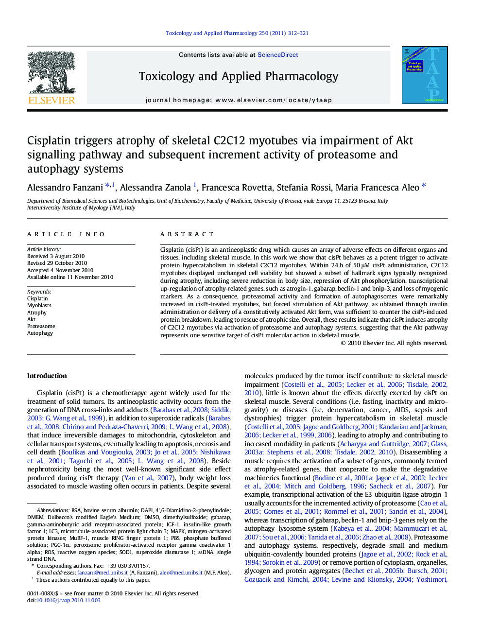 Cisplatin triggers atrophy of skeletal C2C12 myotubes via impairment of Akt signalling pathway and subsequent increment activity of proteasome and autophagy systems