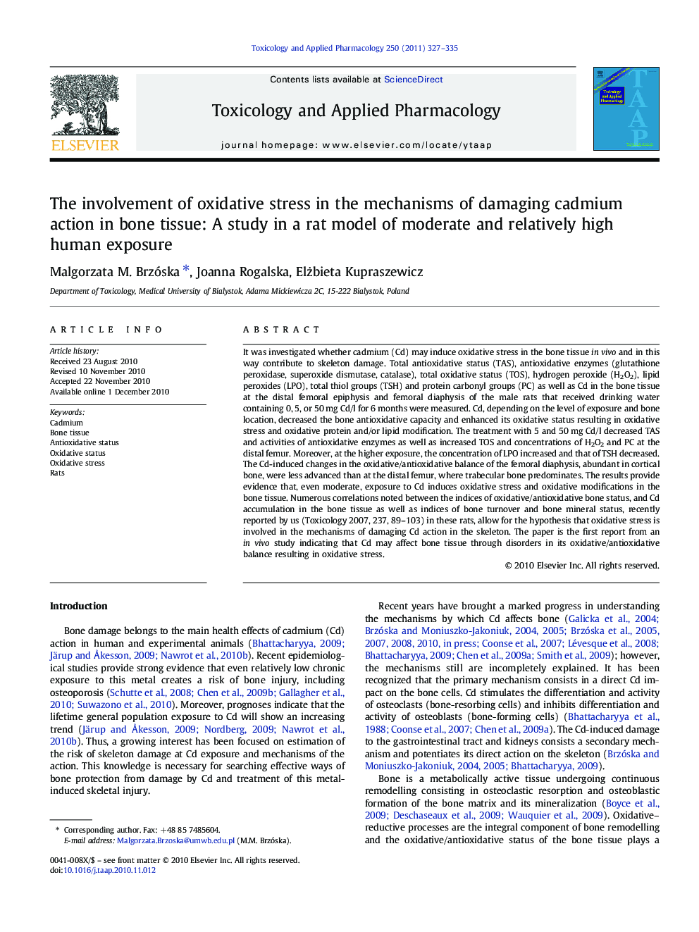 The involvement of oxidative stress in the mechanisms of damaging cadmium action in bone tissue: A study in a rat model of moderate and relatively high human exposure