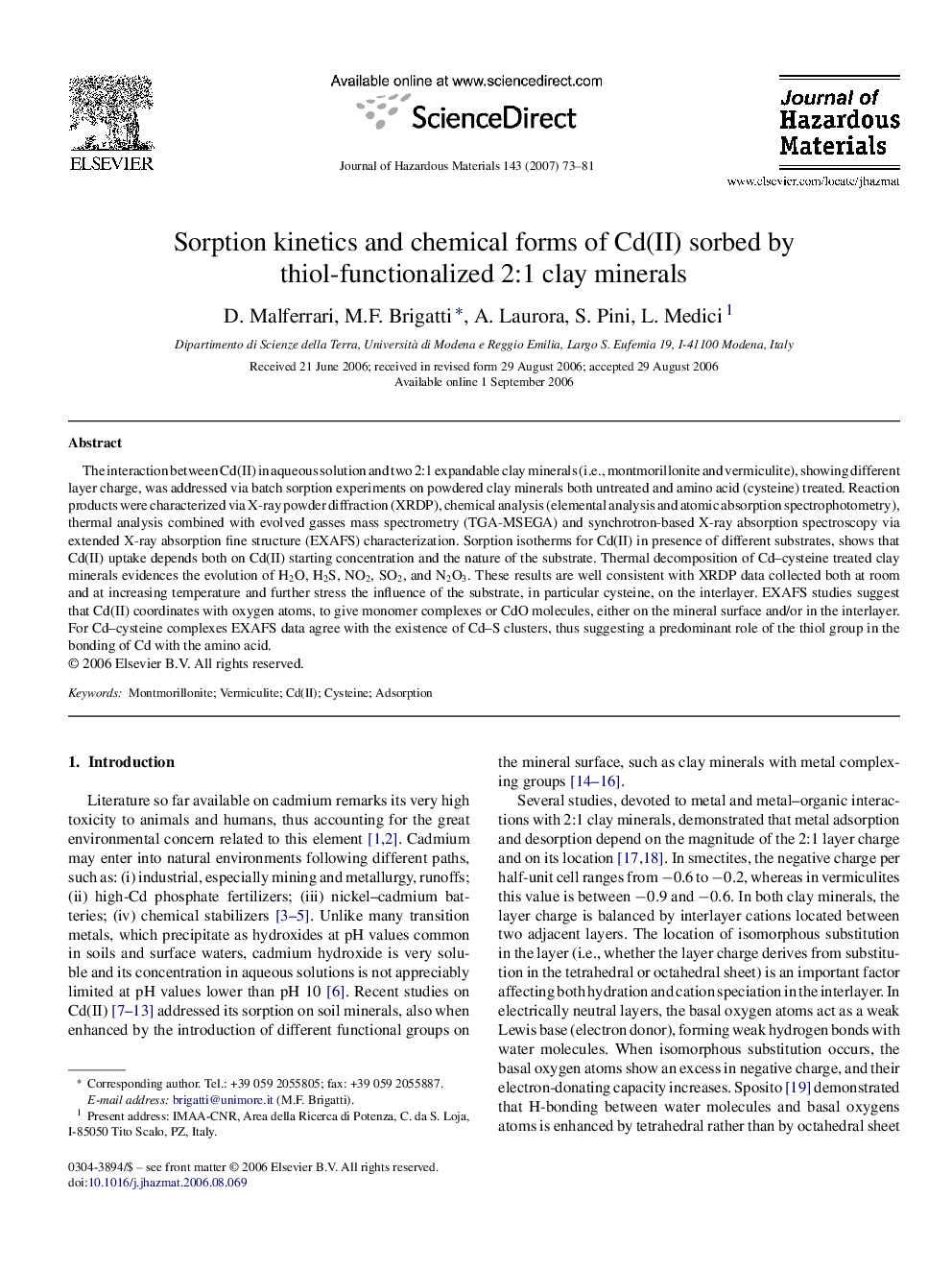 Sorption kinetics and chemical forms of Cd(II) sorbed by thiol-functionalized 2:1 clay minerals