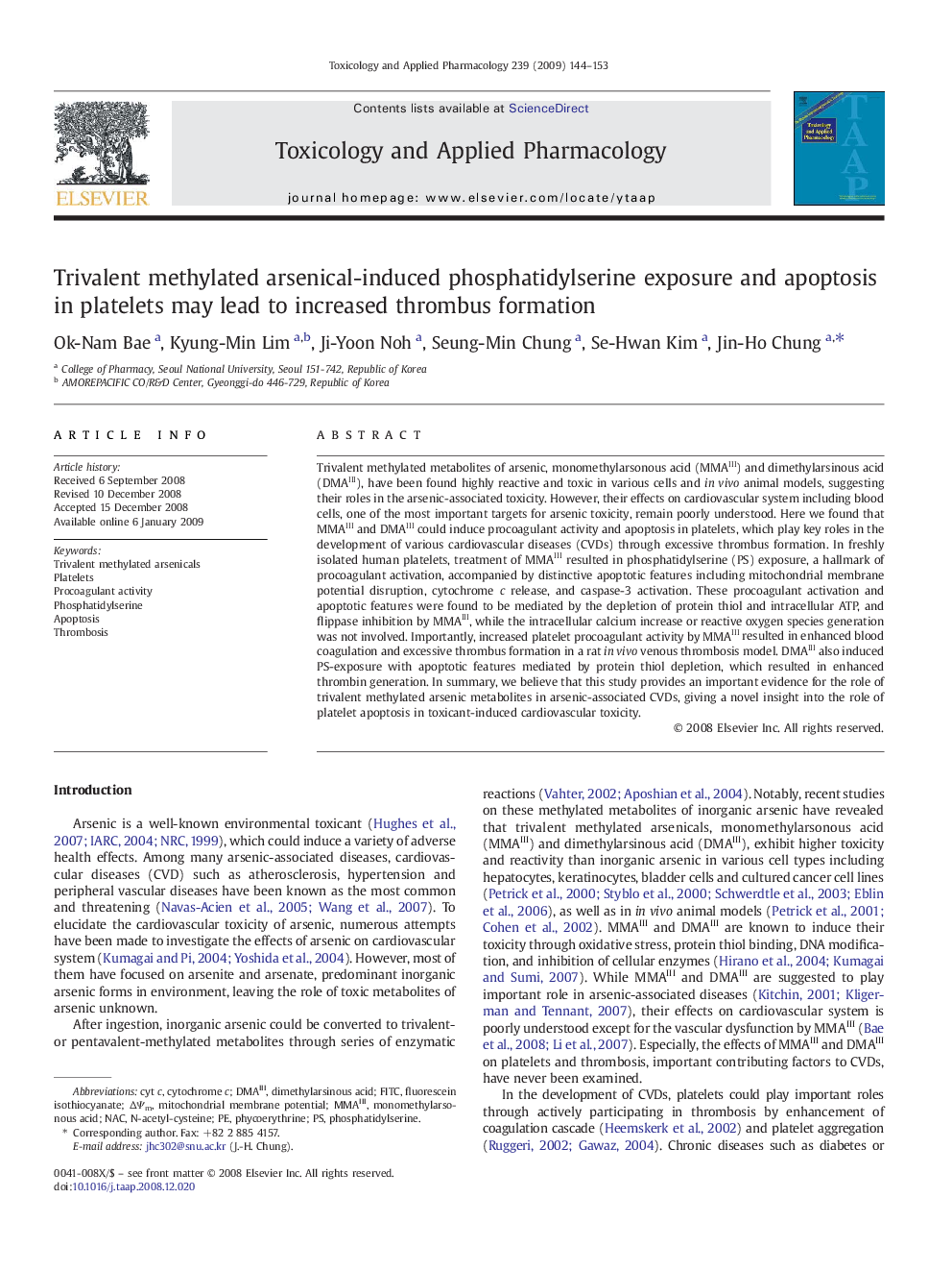 Trivalent methylated arsenical-induced phosphatidylserine exposure and apoptosis in platelets may lead to increased thrombus formation