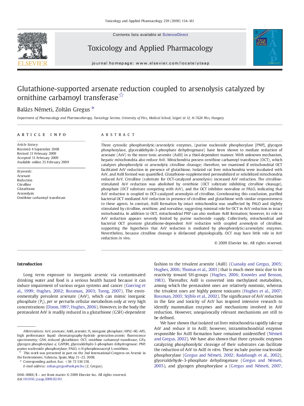 Glutathione-supported arsenate reduction coupled to arsenolysis catalyzed by ornithine carbamoyl transferase