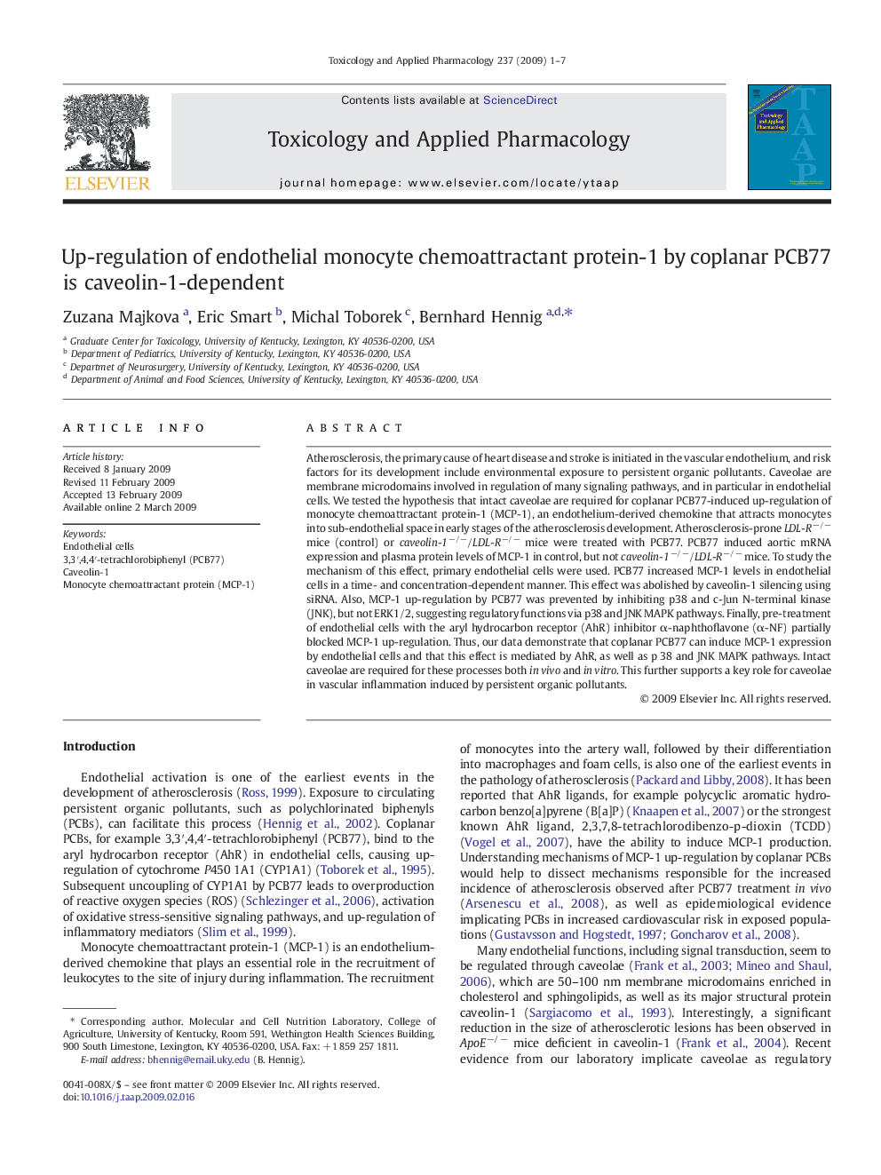 عکس صفحه اول مقاله: Up-regulation of endothelial monocyte chemoattractant protein-1 by coplanar PCB77 is caveolin-1-dependent Up-regulation of endothelial monocyte chemoattractant protein-1 by coplanar PCB77 is caveolin-1-dependent