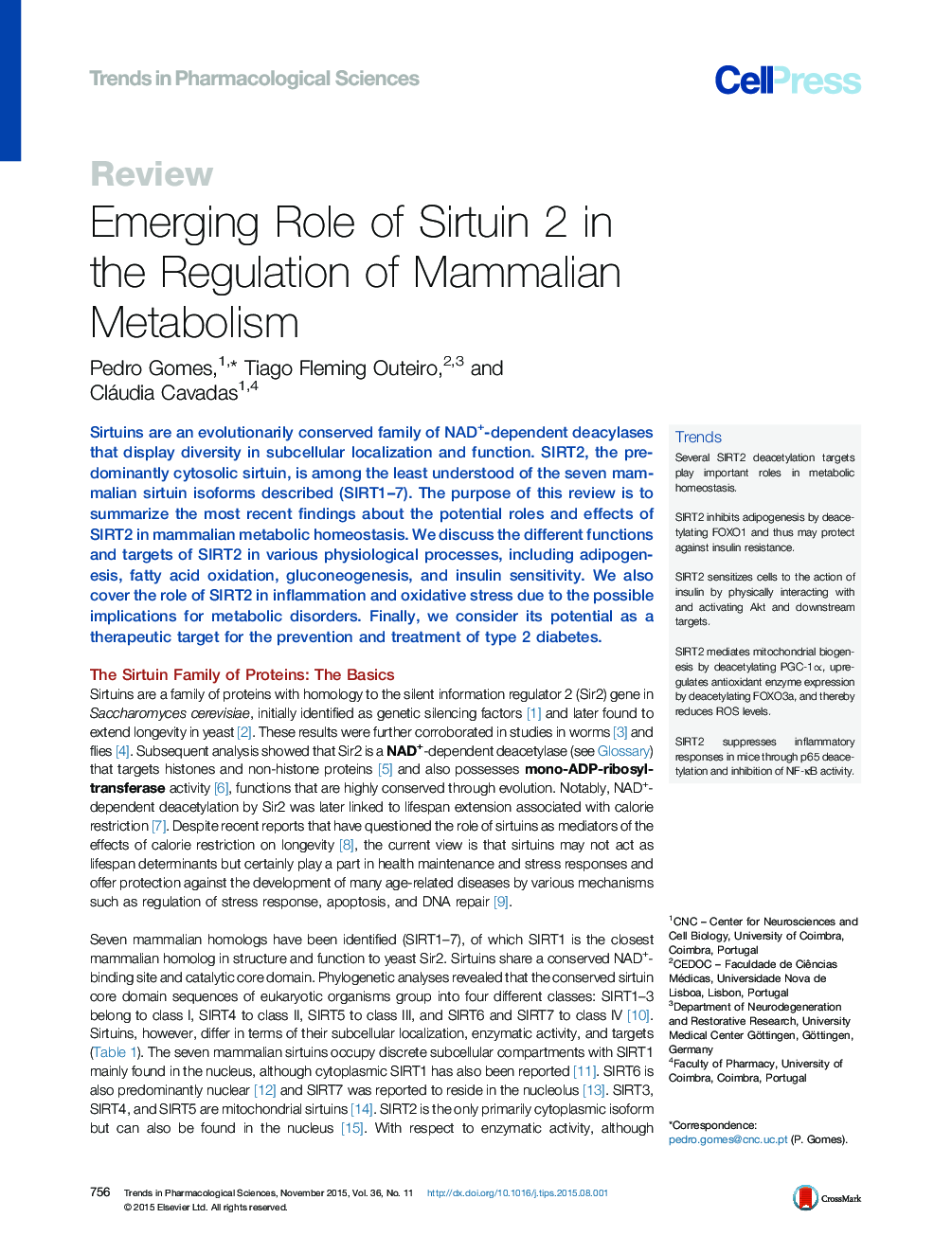 Emerging Role of Sirtuin 2 in the Regulation of Mammalian Metabolism