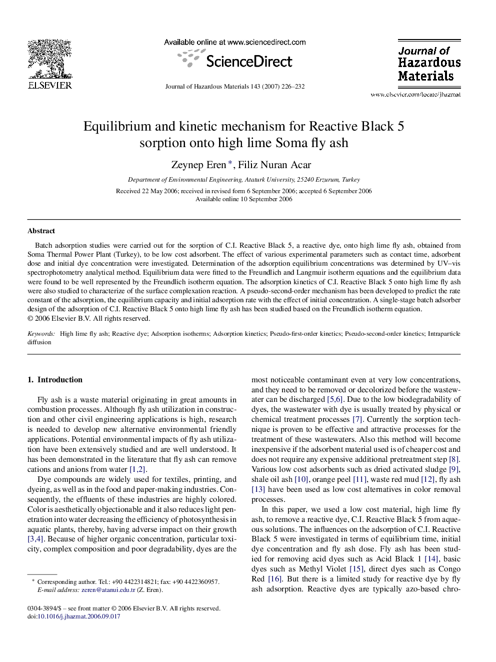 Equilibrium and kinetic mechanism for Reactive Black 5 sorption onto high lime Soma fly ash