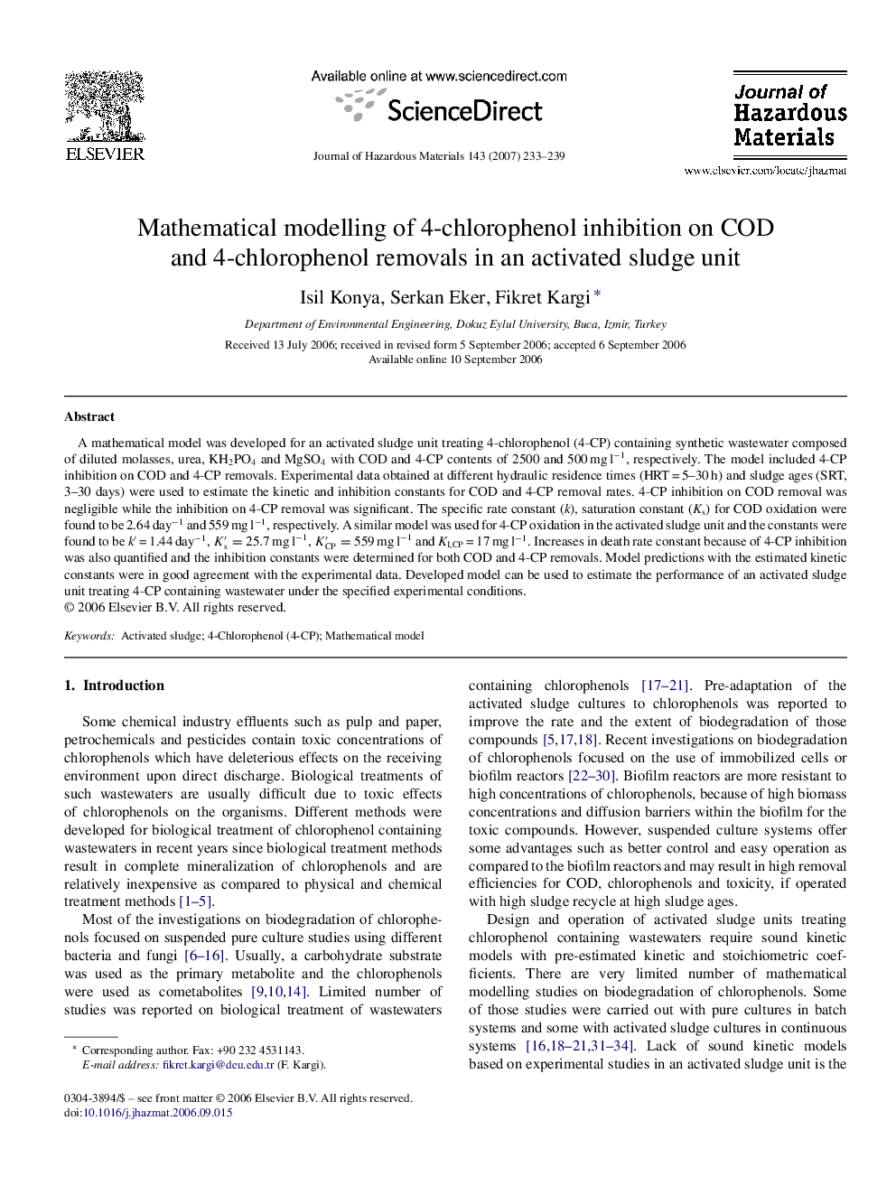 عکس صفحه اول مقاله: Mathematical modelling of 4-chlorophenol inhibition on COD and 4-chlorophenol removals in an activated sludge unit Mathematical modelling of 4-chlorophenol inhibition on COD and 4-chlorophenol removals in an activated sludge unit