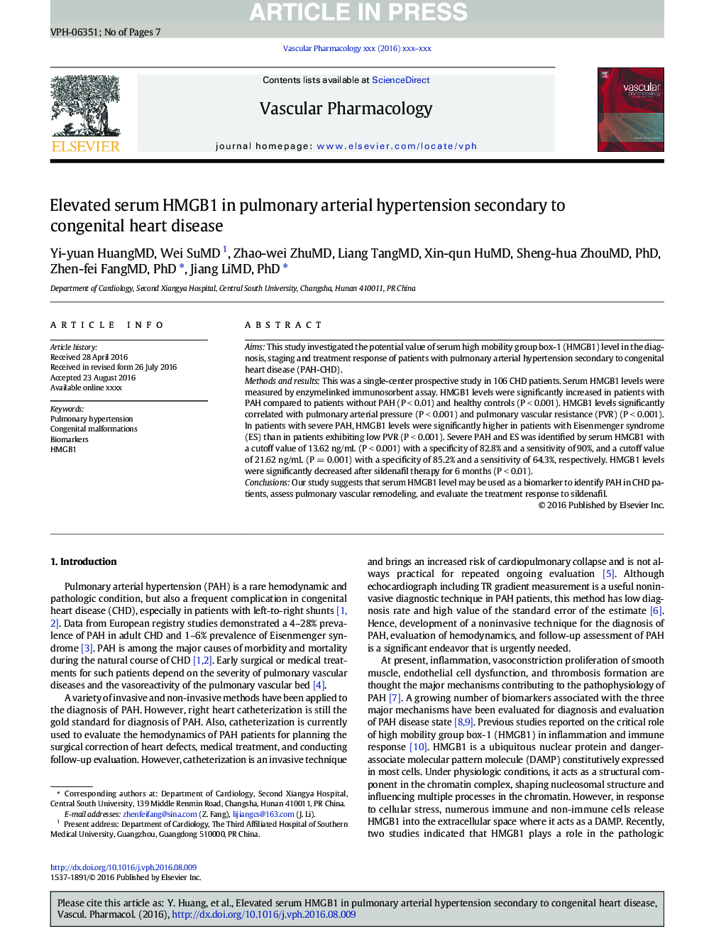 Elevated serum HMGB1 in pulmonary arterial hypertension secondary to congenital heart disease